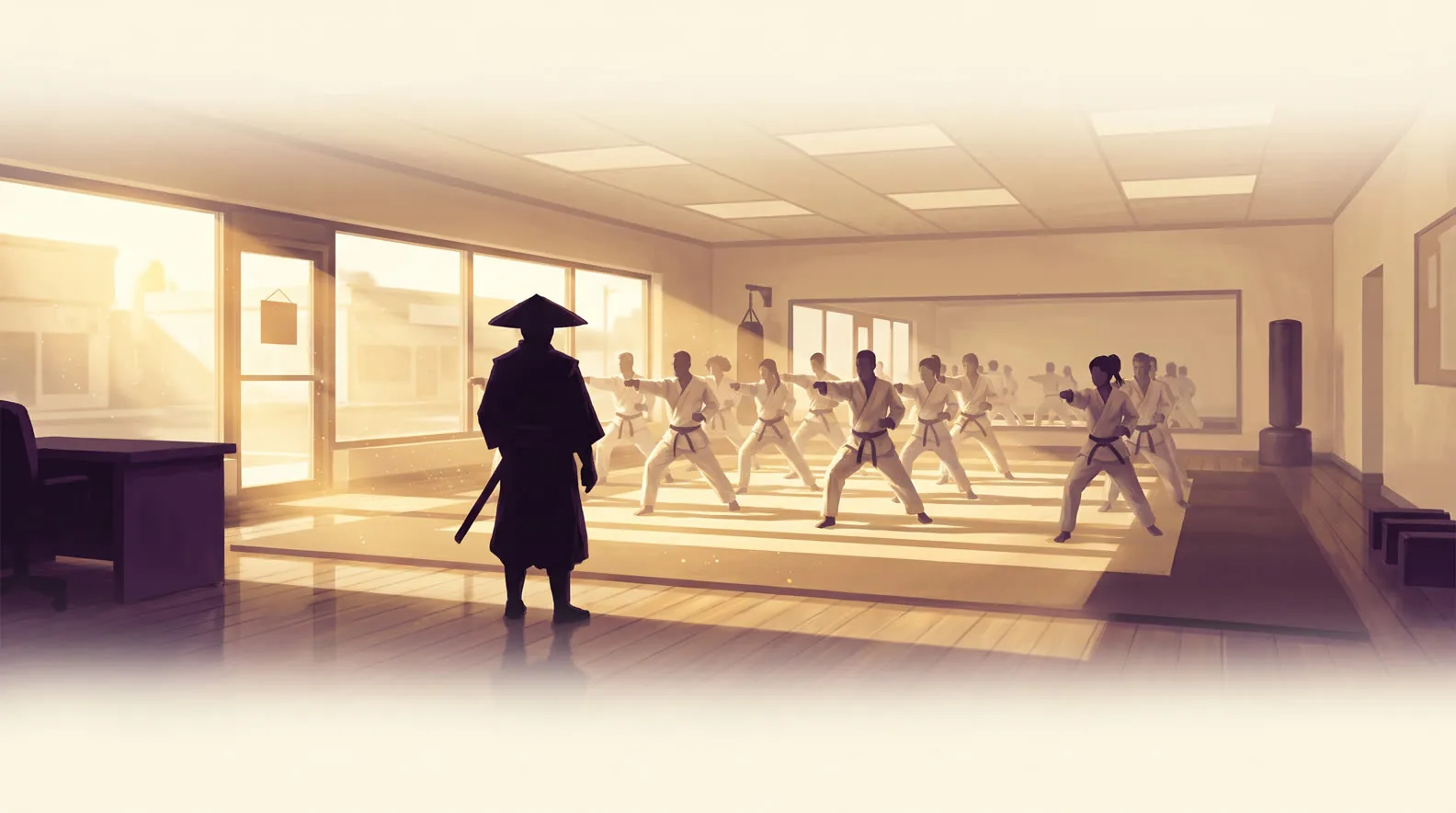 The owner standing at the front of a full class in bright morning light