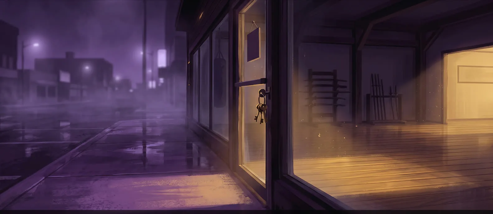 The school's front door standing open at night, keys hanging in the lock on the inside