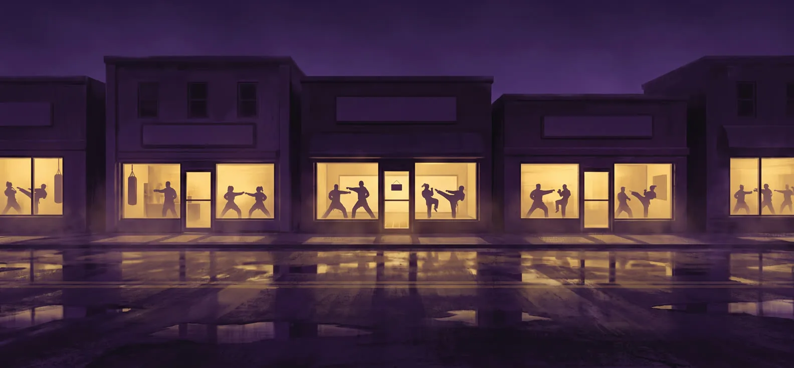A street of martial arts schools at night, every window lit and full of students