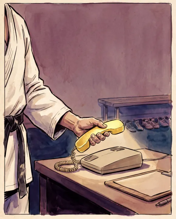 A corded phone on a front desk being picked up by a hand wearing a black belt.