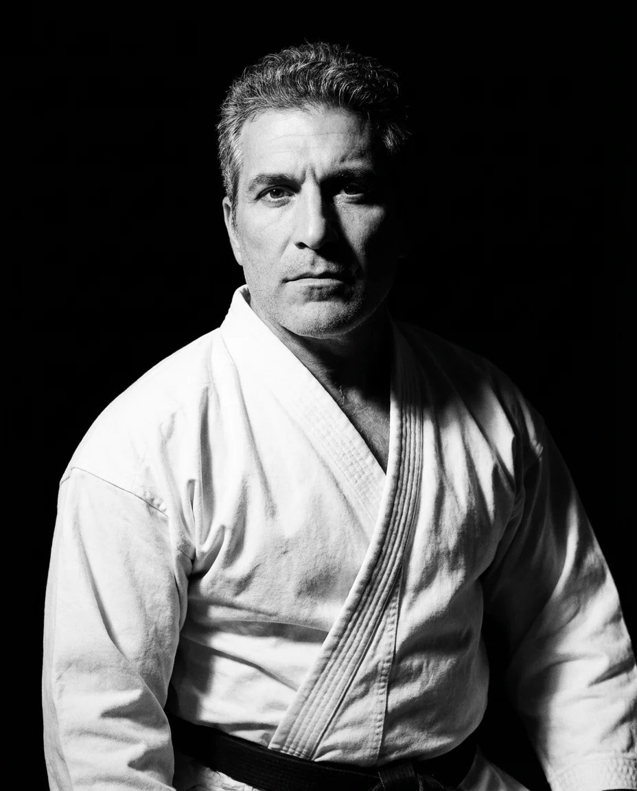 Brian DeLuca, martial arts school owner in white gi and black belt, professional black and white portrait