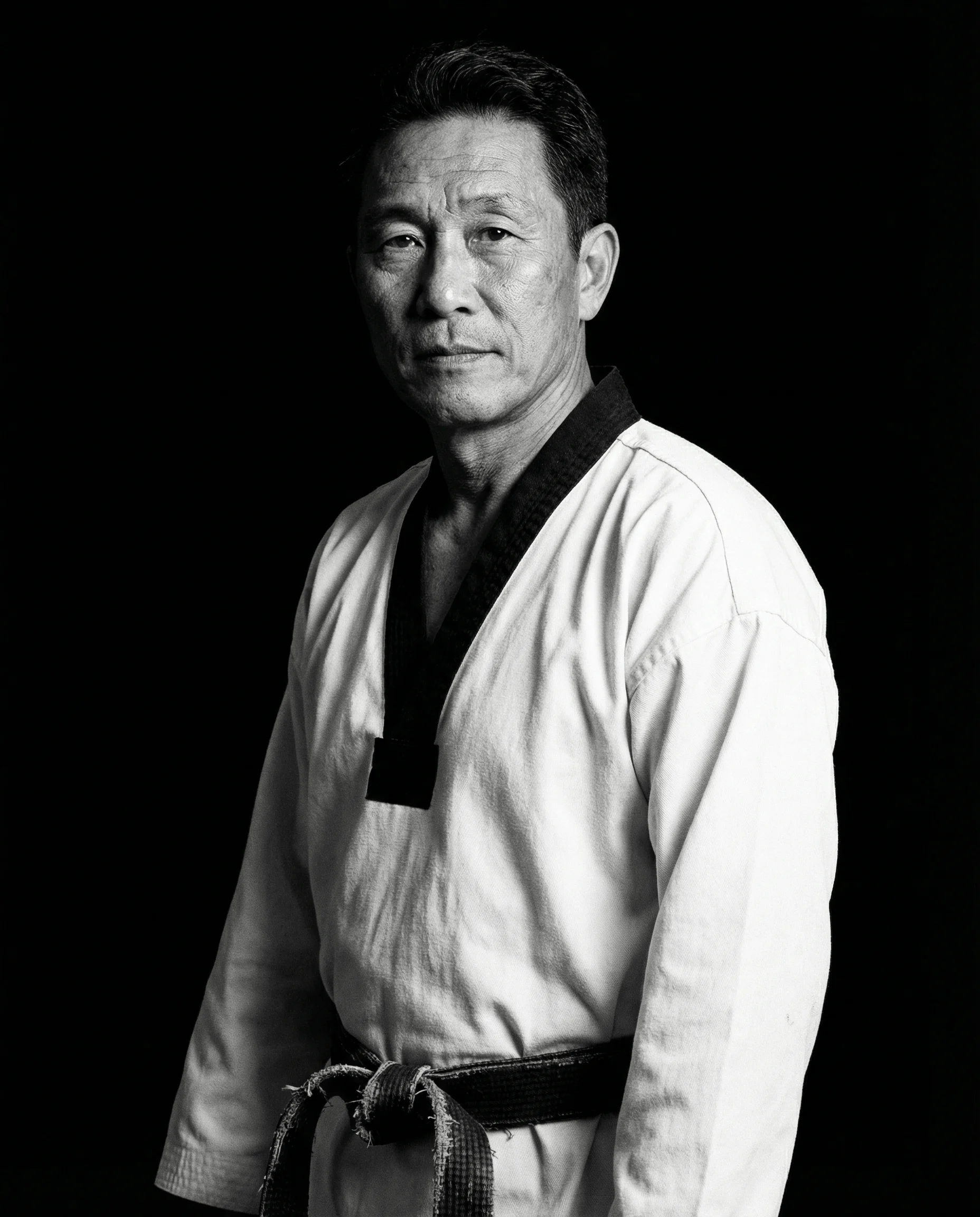David Park, taekwondo master and school owner in white dobok and black belt, professional black and white portrait