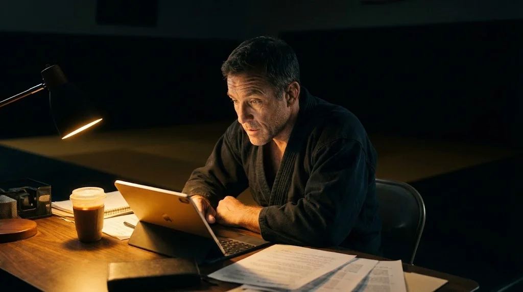 School owner working late at night